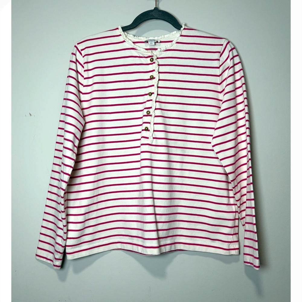 J.Crew Women Pink Cream Striped Ruffle Neck Long Sleeve Henley Top BS211 Large